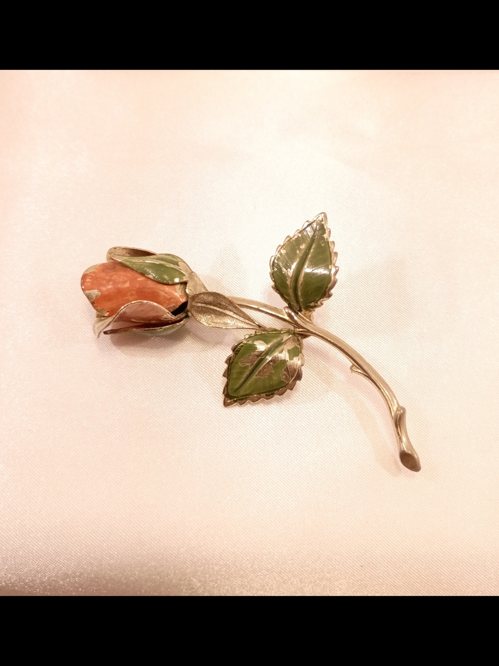 Vintage Giovanni Rose Brooch with Green Enamel Leaves